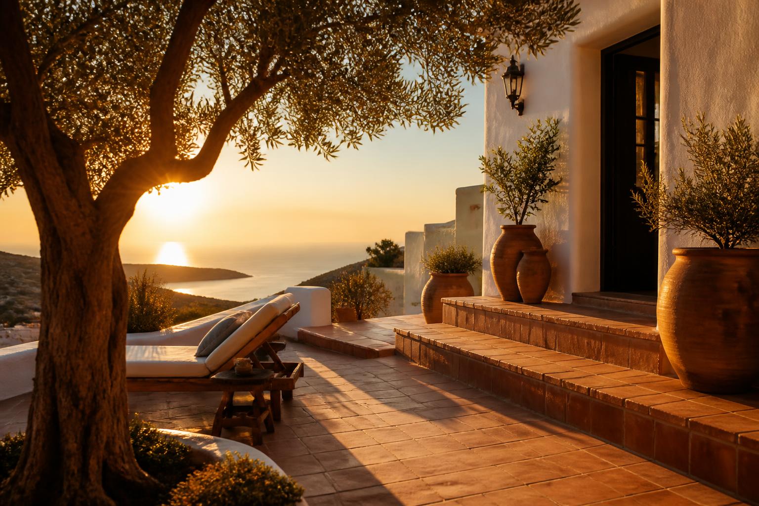 Mediterranean villa terrace at golden hour